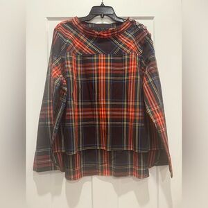 J. Crew Funnelneck shirt in Stewart tartan with jeweled buttons